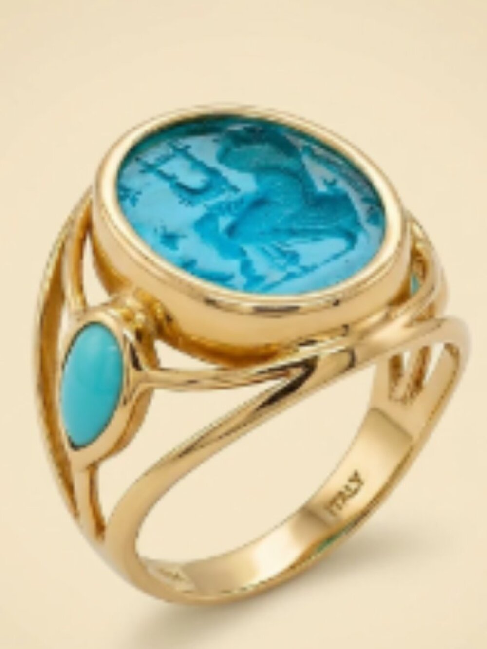 14k INTAGLIO Yellow Gold Ring with Turquoise Accents Classic